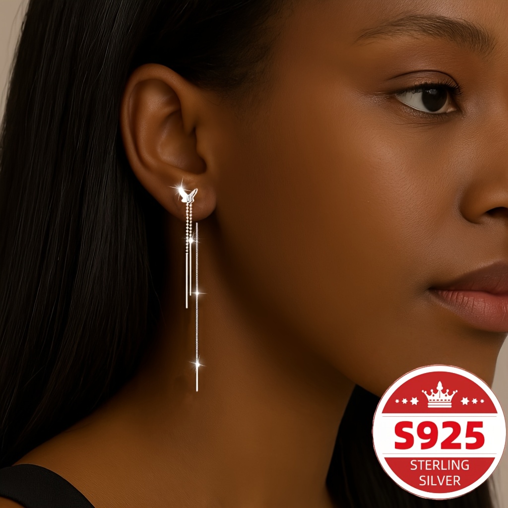 Women's S925 Sterling Silver Butterfly Tassel Earrings